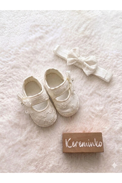 Kereminko Bebek 0-3 Months Newborn Lace Detailed White Baby Bandana Booties Set