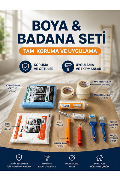 A-plast 8 Parça Boya Badana Seti Tam Koruma – Rulo Fırça Maskeleme Bandı Zemin Örtüsü