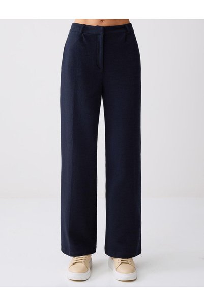 Jimmy Key Pantaloni lungi tricotați, albastru marin, cu talie înaltă și croială largă