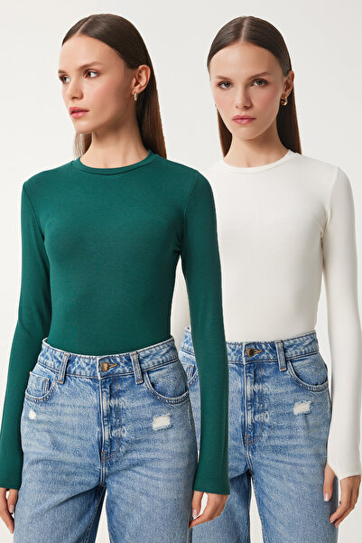 Happiness İstanbul Women's Ecru Emerald Green 2-Pack Crew Neck Basic Knitted ...