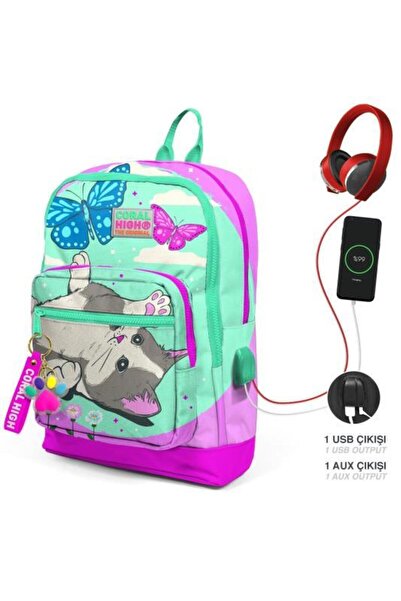 Coral High Kids Su Yeşili Pembe Kedi Desenli Dört Bölmeli USBli Okul Sırt Çan...