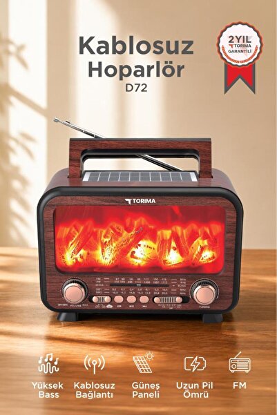Torima Bluetooth Hoparlör Nostaljik Solar Panelli Speaker D72 Koyu Ahşap