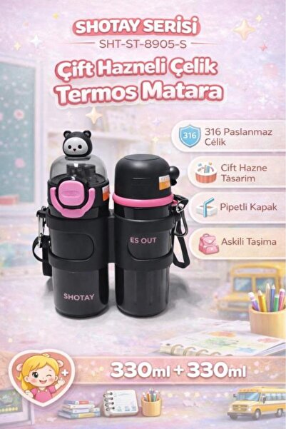 Shotay Termos Matara 330 ml + 330 ml Çift Hazneli 316 Çelik Pipetli Siyah – S...