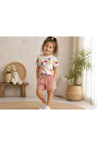 damdamin Pamuklu Kız Çocuk Çiçek Desenli Tshirt & Yazı Baskılı Şort Takım