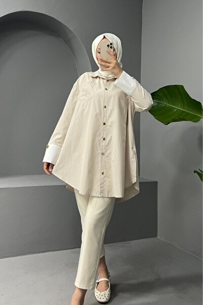 HİJABAYA Metal Button Belted Striped Tunic