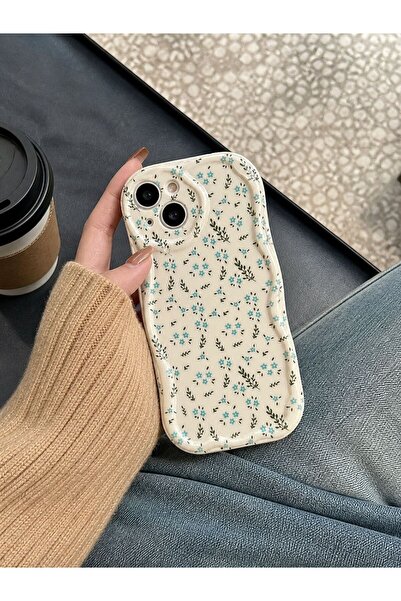 MİRAZ TASARIM IPHONE 15 MAVİ ÇİÇEKLİ EKRU KILIF