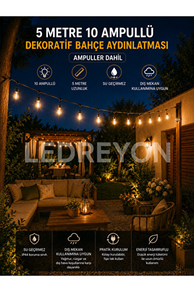 LEDREYON Ampuller Dahil 5 Metre 5 Duylu Dış Mekan Bahçe Aydınlatma Dekoratif ...
