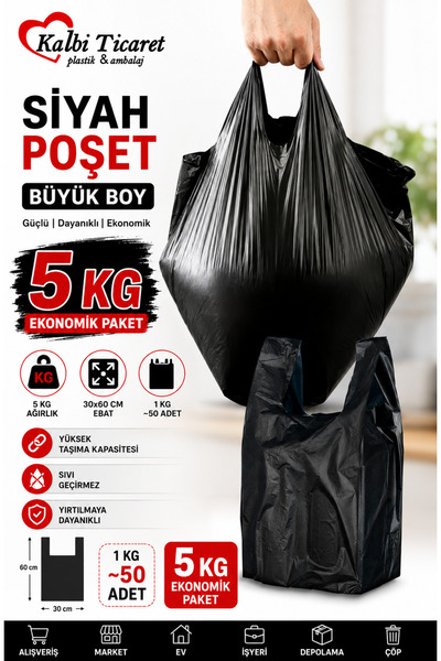 Kalbi Ticaret Kalın Siyah Poşet Büyük Boy 5 Kg Hışır Atlet Poşet Market Manav...