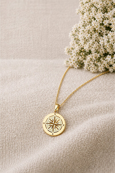 Auryne Jewelry 925 Ayar Gümüş Pusula Motifli 14 Ayar Altın Kaplama Gümüş Kolye