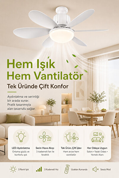 Merwish Goes Tavan Vantilatörü Led Işık 3 Kademe Hız Modu Sessiz 52 Cm Çap 6 Kanat Kumandalı Vantilatör