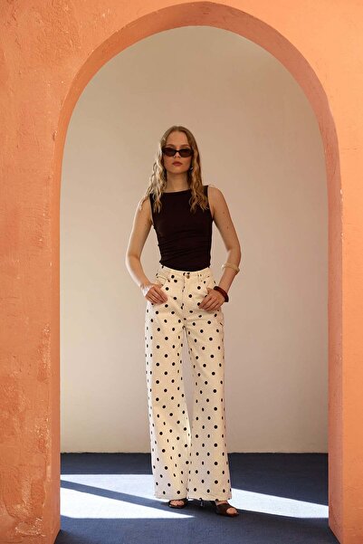 Fulla Moda Polka Dot Patterned Zippered Palazzo Jeans