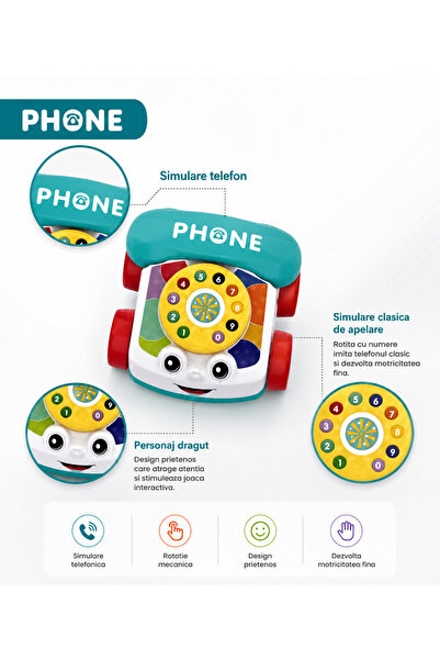 Denn Store Jucarie interactiva pentru bebelusi, telefon, cu disc rotativ si roti, design colorat