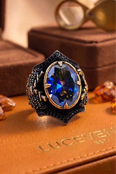 Luceven 925 Ayar Mistik Topaz Taşlı Yanları Zirkon Taş İşlemeli Kılıç Motif E...