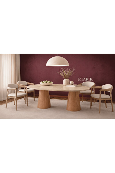 MIARIK DESIGN Ahsap Ayaklı Traverten Mermer Yemek Masası