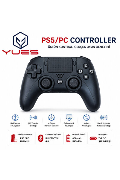 YUES PS5 Uyumlu Kablosuz Oyun Kolu (DualSense Tarzı) | Titreşimli, Şarjlı, Bl...