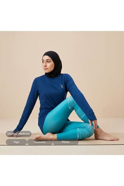 Zaecy Women’s Modest Workout Set – Blue & Turquoise | Full Coverage Long Sleeve Top & Leggings Co-ord, Breathable Stretch Activewear for Yoga, Pilates & Training –