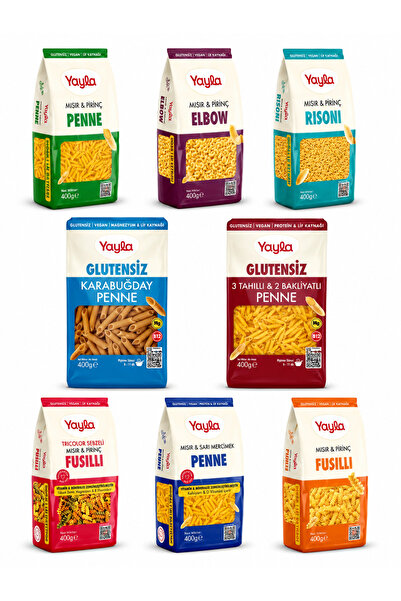Yayla 8 Li Doğal Glutensiz Makarna serisi 400 Gr(Elbow-Penne-Fusulli-Risoni)