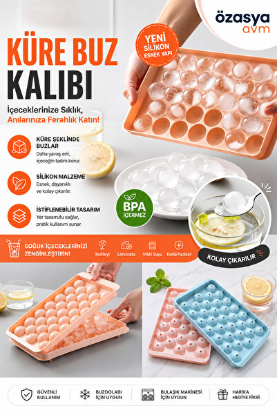 Özasya AVM 2.5 cm Çap Yuvarlak Buz Küpü Yapma Tepsisi 33 Bölmeli Küre Top Buz...
