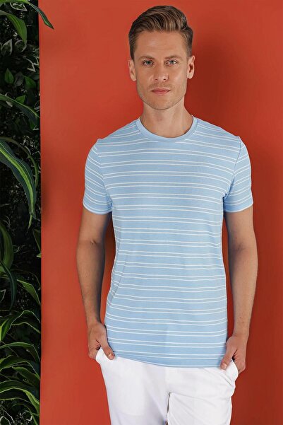 Efor Slim Fit Bisiklet Yaka Çizgili Pamuklu Mavi Tişört TS 851