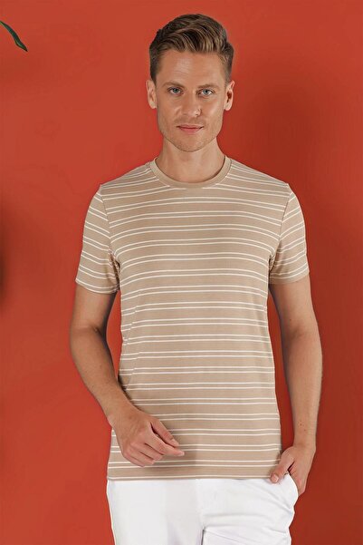 Efor Slim Fit Bisiklet Yaka Çizgili Pamuklu Bej Tişört TS 851