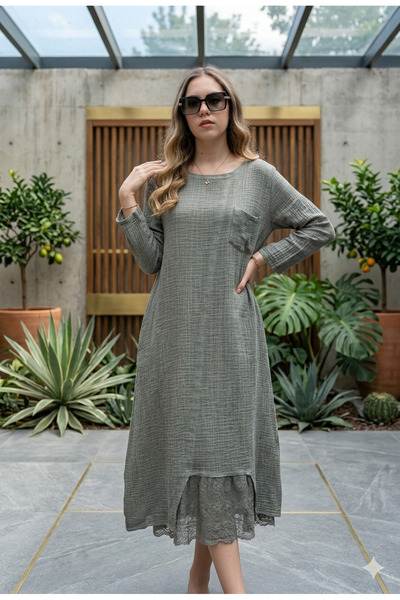 Bohemian Women's Gray Long Sleeve Antique Woven Dress