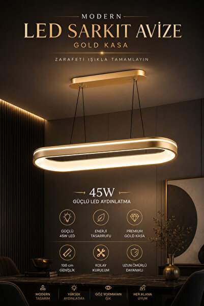 Elvora Home Modern (PREMİUM) LED Sarkıt Avize Gold Kasa Yemek Masası Salon Of...