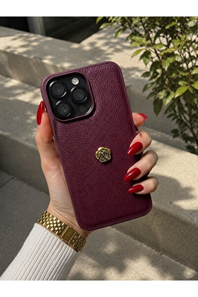 QUSCHU iPhone 14 Pro Uyumlu Deri Dokulu Gold Gül Detaylı Telefon Kılıfı