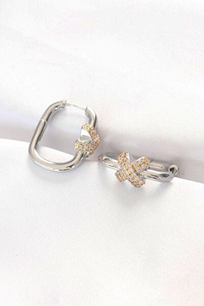 Generic Brand Brass Double Color Stone X Design Rectangular Earrings - Lisinya