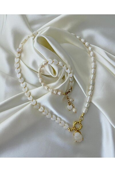 eyla collection Gerçek İnci & Doğaltaş Kadın Takı Seti – Kolye & Bileklik - (...
