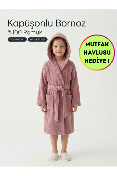 KOBEHOME Kız-Erkek Çocuk Bornozu %100 Pamuklu | Kapüşonlu+Cepli+Yumuşak+Biyeli