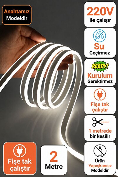 Adrift Neon Esnek Şerit Led 2 Metre BEYAZ + 220 Volt Fiş