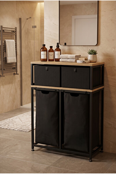 miyuhome Metal Kızaklı Çamaşır Sepeti 2 Adet Saklama Kutulu 2X40 LT Kirli Sep...