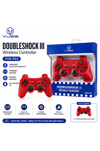 YUES PS3 DualShock 3 Uyumlu Kablosuz PS3 Joystick – Kırmızı, Titreşim Destekl...