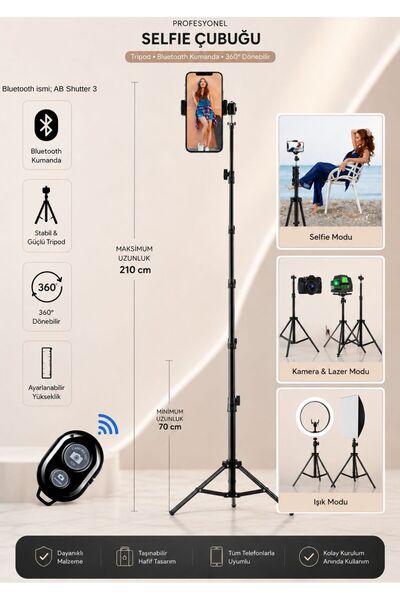 Asfal Bluetooth Kumandalı 210 Cm Tripod Telefon Tutuculu Selfie Çubuğu Telefo...