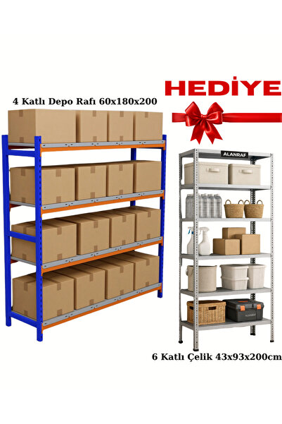 ALANRAF 4 Katlı Depo Rafı 60x180x200 Cm Hafif Rack Alana 43x93x200cm Çelik Ra...
