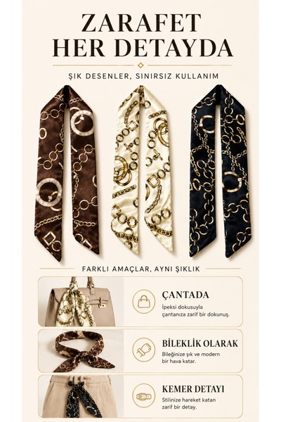 macsoo Eșarfă din satin cu model de lanț pentru femei, accesoriu pentru geant...