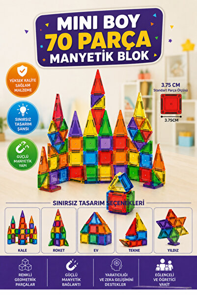 cayenna Manyetik Blok Oyuncak Seti – Renkli Geometrik Parçalar, Eğitici Oyunc...