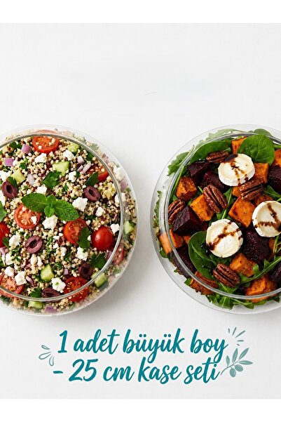 Aşkana Large Size 2-Piece Glass Salad Bowl Set, 19 cm Transparent Presentatio...