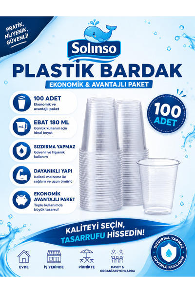 SOLINSO 🐳Plastik Bardak 180 Cc Otomat Pet Bardağı 100 Adet