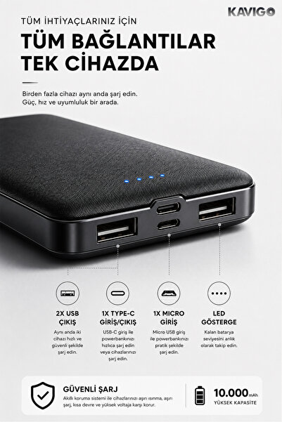 kawigo 10.000 mAh Siyah Renk Powerbank Gerçek Güç Premium Powerbank Çoklu Pow...