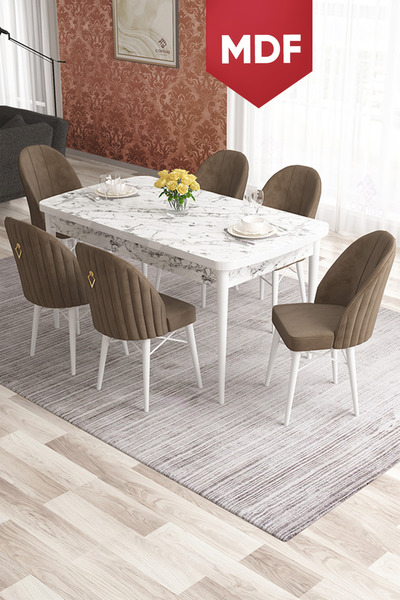 Canisa Elf Serisi 80x132 Beyaz Masa 6 Gri Sandaye Gold Halkalı Mutfak Masası ...