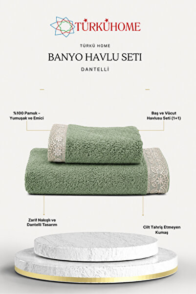 Türkühome Cotton Embroidered Lace 2-Piece Head and Body Towel Set (1 Head Tow...