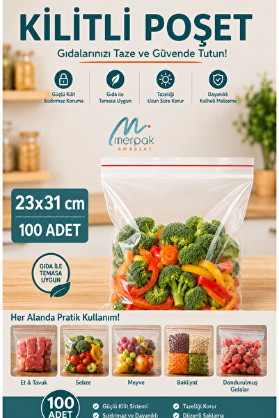 Merpak Ambalaj Kilitli Torba 23x31 Cm 100'lü Kilitli Buzdolabı Poşeti Şeffaf ...