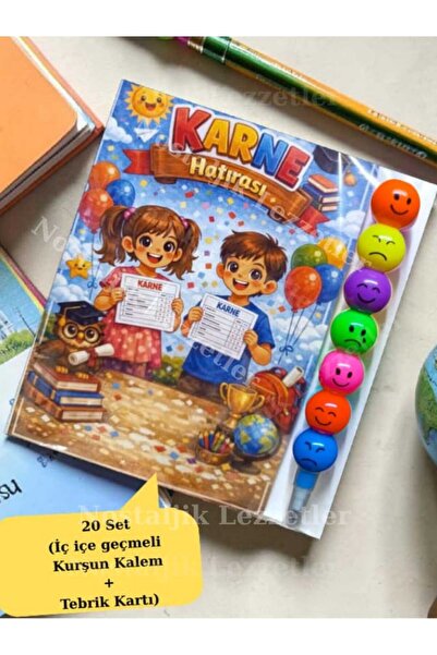 Nostaljik Lezzetler Karne Hediyesi 20 Set Kurşun Kalem ve Tebrik Kartı