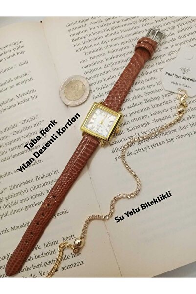 Brality Vintage Minimal Kare GOLD Renk Kasa... TABA RENK Kordonlu.... Kadın K...