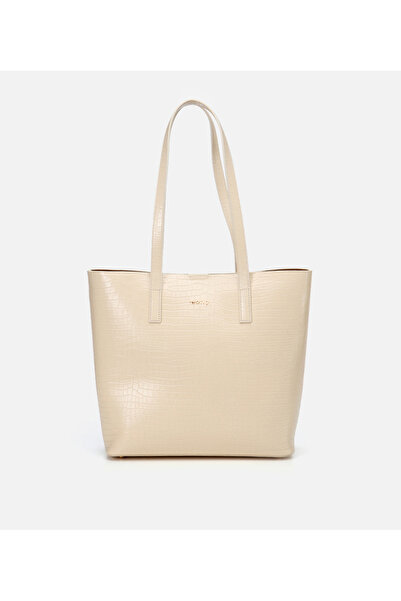 Hotiç Women's Leather Ecru Tote Bag with Removable Portfolio Bag
