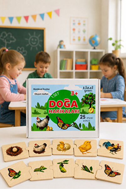 Lizzigames Montessori Eğitici Puzzle DOĞA HARİKALARI, Oluşum kartları 25 ahşa...