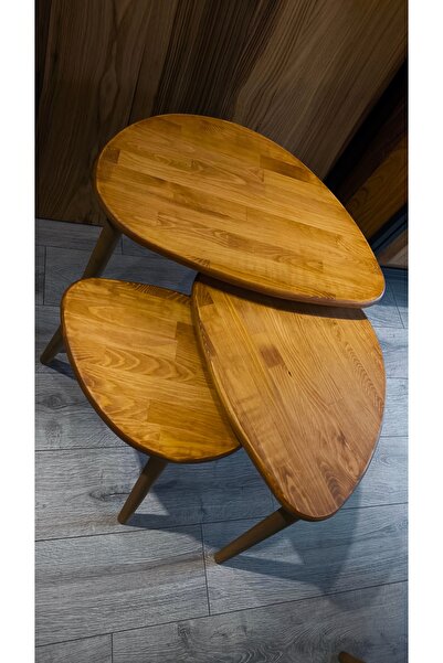 Senka Wood Damla Masif Doğal Ahşap Zigon Sehpa 3'lü Set Meşe