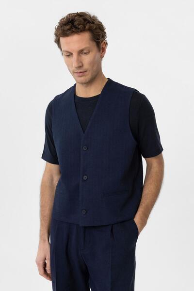 Antioch Navy Blue Relax Fit Linen Blended Men's Vest