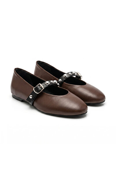 SİBA SHOES Lysa Banded Silver Buckle Detailed Bitter Brown Women's Ballerinas